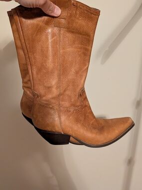 BCBGirls Cognac Leather Mid-Calf Western Heeled Boots